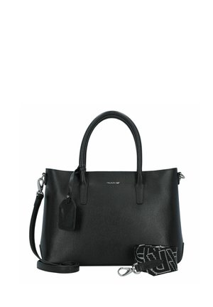 Black synthetic handbag with dual handles, a detachable shoulder strap, textured finish, and logo detail. Includes a matching tag.