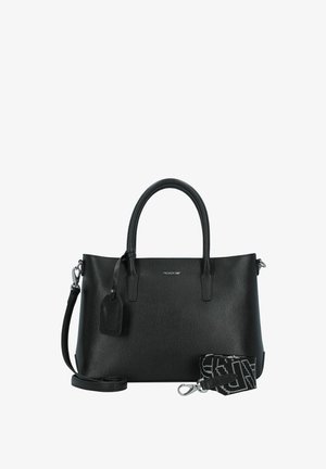 Schwarze synthetische Handtasche mit zwei Griffen, einem abnehmbaren Schulterriemen, strukturiertem Finish und Logo-Detail. Inklusive passendem Anhänger.
