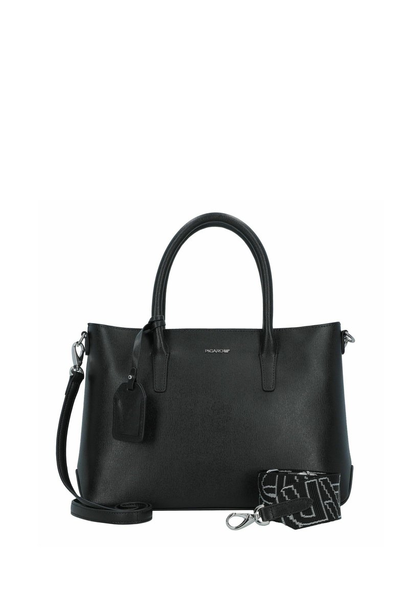 Schwarze synthetische Handtasche mit zwei Griffen, einem abnehmbaren Schulterriemen, strukturiertem Finish und Logo-Detail. Inklusive passendem Anhänger.