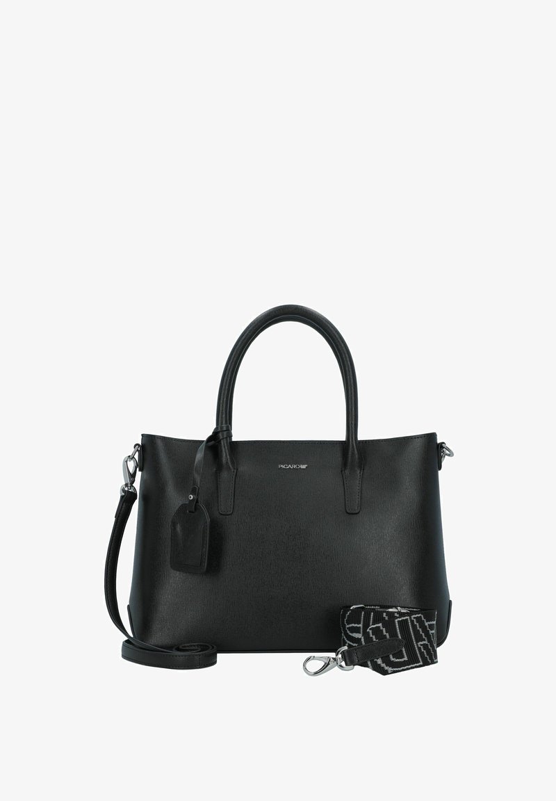 Schwarze synthetische Handtasche mit zwei Griffen, einem abnehmbaren Schulterriemen, strukturiertem Finish und Logo-Detail. Inklusive passendem Anhänger.