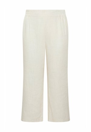 Pantaloni in lino color avorio dal taglio ampio, con cintura elastica, senza tasche visibili, lunghezza al ginocchio, adatti per uso casual.