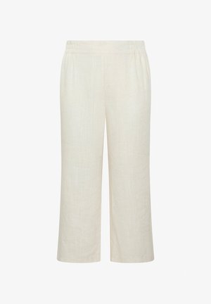 Pantaloni in lino color avorio dal taglio ampio, con cintura elastica, senza tasche visibili, lunghezza al ginocchio, adatti per uso casual.