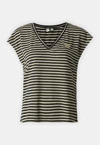 Top a maniche corte a righe con scollo a V in tonalità marrone e nero. Presenta un delicato logo sul petto. Il tessuto sembra morbido e leggero.