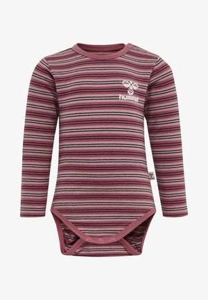 Długosleeve bodysuit w bordowe i beżowe paski, wykonany z miękkiego materiału, z zapięciem na snapy na dole i logo na klatce piersiowej.