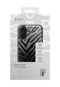 Klarer Handyhülle für iPhone 17 mit einem schwarzen und silbernen Zebra-Streifenmuster. Verfügt über eine strukturierte Oberfläche und transparente Ränder.
