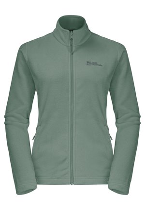 Veste en polaire de couleur vert clair, modèle zippé sur toute la longueur, col haut, manches longues, dotée de poches latérales et d'un logo discret sur la poitrine.