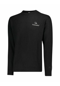 Maglione nero a maniche lunghe realizzato in materiale morbido; presenta una scollatura rotonda e un testo ricamato bianco "Che tranquillità!" sul petto.
