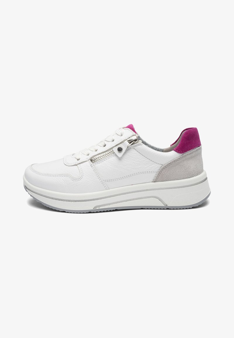 White sneaker with gray suede heel, pink collar accent, side zipper, and lace-up closure on a thick white sole.