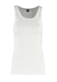 Débardeur blanc sans manches avec encolure ronde et texture en tissu côtelé, présenté sur un fond blanc uni.