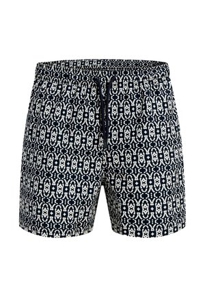 Marineblaue Badeshorts mit weißem geometrischem Muster und schwarzem Kordelzug am elastischen Bund.