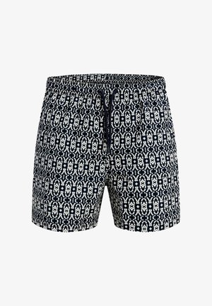 Tamsiai mėlyni maudymosi šortai su baltu geometriniu raštu ir juoda raišteliu ant elastingos juosmens juostos.