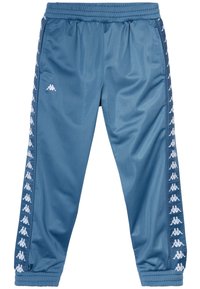 Pantaloni della Kappa in blu smorzato, realizzati in materiale liscio e leggero. Presentano una vita elastica, polsini aderenti e dettagli del logo bianco sulle strisce laterali.