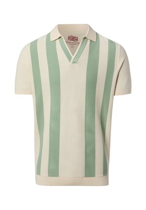 Polo in maglia a maniche corte con ampie righe verticali verdi e crema e colletto a V, taglia media.