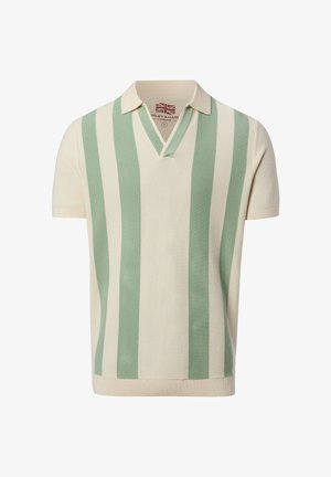 Strick-Polo mit kurzen Ärmeln, breiten vertikalen grünen und cremefarbenen Streifen und V-Ausschnitt, Größe M.