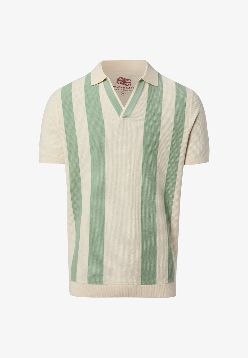 Strick-Polo mit kurzen Ärmeln, breiten vertikalen grünen und cremefarbenen Streifen und V-Ausschnitt, Größe M.