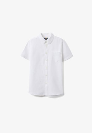 Chemise blanche à manches courtes avec boutons, col et poche poitrine, présentée à plat sur un fond blanc.