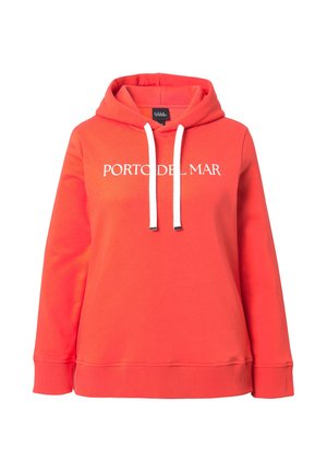 Fel oranje hoodie met witte trekkoorden en de tekst "PORTO DEL MAR" over de borst, voorzien van geribbelde manchetten en zoom.