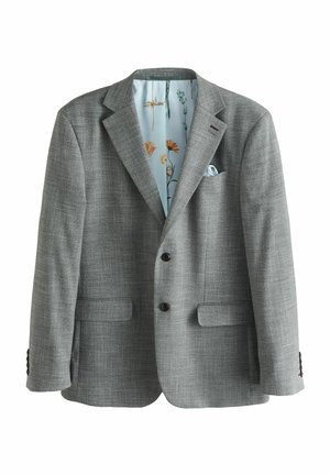 Blazer grigio a quadri con revers a punta, due tasche frontali, chiusura a tre bottoni e fodera con motivo floreale in azzurro chiaro.