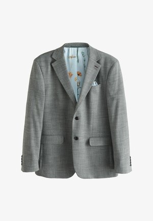 Halli ruuduline bleiser, millel on nurgelised kraed, kaks esist pocketit, kolme nupuga sulgemine ja helesinisel lillemustriga vooder.