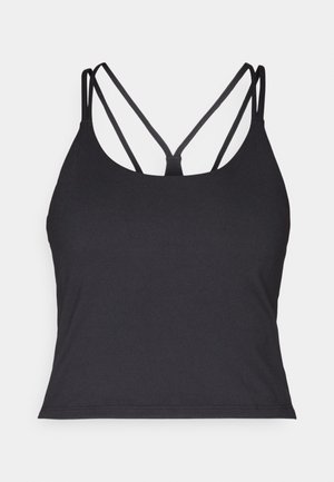 T-shirt preto sem mangas com alças finas e um design entrelaçado nas costas. Feito de um material macio e elástico com um corte ajustado.