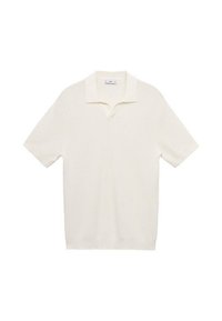 Short-sleeve polo shirt in white with a textured knit pattern, featuring a small collar and a half-button placket. Simple and minimalist design.