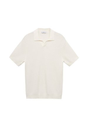 Short-sleeve polo shirt in white with a textured knit pattern, featuring a small collar and a half-button placket. Simple and minimalist design.