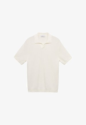 Short-sleeve polo shirt in white with a textured knit pattern, featuring a small collar and a half-button placket. Simple and minimalist design.