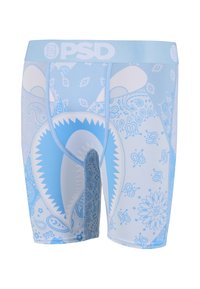 Boxers bleu clair et blanc avec un motif cachemire et un graphisme de bouche de requin à l'avant ainsi que le logo PSD sur la ceinture.