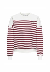 Maroon a bílý pruhovaný svetr s kulatým výstřihem, elastickými manžetami a dekorativním srdcem z kamínků na hrudi.