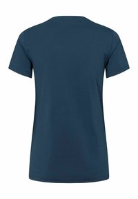 Sötétkék pamut póló, rövid ujjú, kerek nyakkal, sima dizájnnal, közepes súlyú anyagból, hátulról nézve, további részletek vagy minták nélkül.