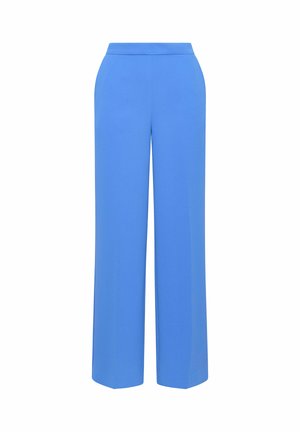 Pantaloni a gamba larga in un brillante blu, realizzati in tessuto leggero con una texture liscia. Presentano una vita aderente e tasche laterali.