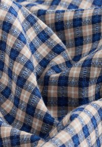 Gros plan sur un tissu froissé avec un motif à carreaux bleu et beige et une texture tissée visible.