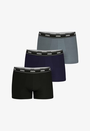 Trois paires de boxers en noir, gris et bleu marine. Fabriqués en coton avec une texture lisse et une ceinture noire contrastante portant le nom "ATHENA."