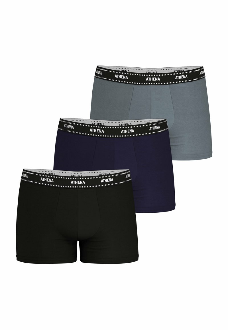 Trois paires de boxers en noir, gris et bleu marine. Fabriqués en coton avec une texture lisse et une ceinture noire contrastante portant le nom "ATHENA."
