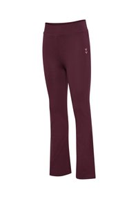 Donkerrode legging gemaakt van rekbare stof, met een aangesloten tailleband en een lichte uitlopende pijp bij de enkel. Subtiel logo in lichtroze accent.