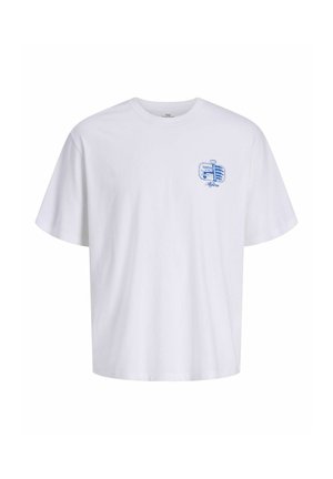 Biała koszulka z krótkim rękawem z małą niebieską grafiką otwartej puszki sardynek i słowem „Algare” na piersi.