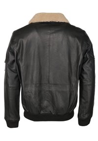 Giubbotto bomber in pelle nera con colletto in pelliccia sintetica beige, polsini e orlo a coste. Texture liscia con dettagli di cucitura e senza chiusure visibili.