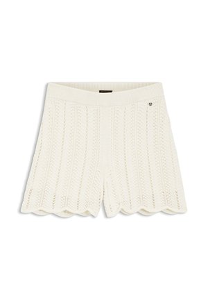 Shorts tricotés blancs avec ourlet festonné et motif ajouré vertical, dotés d'une taille côtelée et d'un petit détail logo en métal.