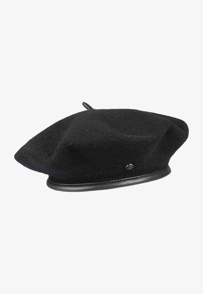 Fekete gyapjú beret, kerek, puha koronával és bőr szalaggal az alján, melynek oldalán egy kis fémszínezett logó található.