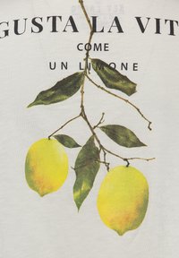 Twee gele citroenen met groene bladeren aan een tak, vergezeld van Italiaanse tekst die zegt: "Geniet van het leven als een citroen."