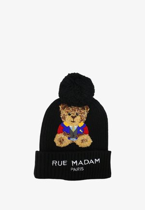 Berretto di lana nera con motivo orso vestito in modo colorato e pompon sulla parte superiore. Ricamo "RUE MADAM PARIS" sul risvolto.