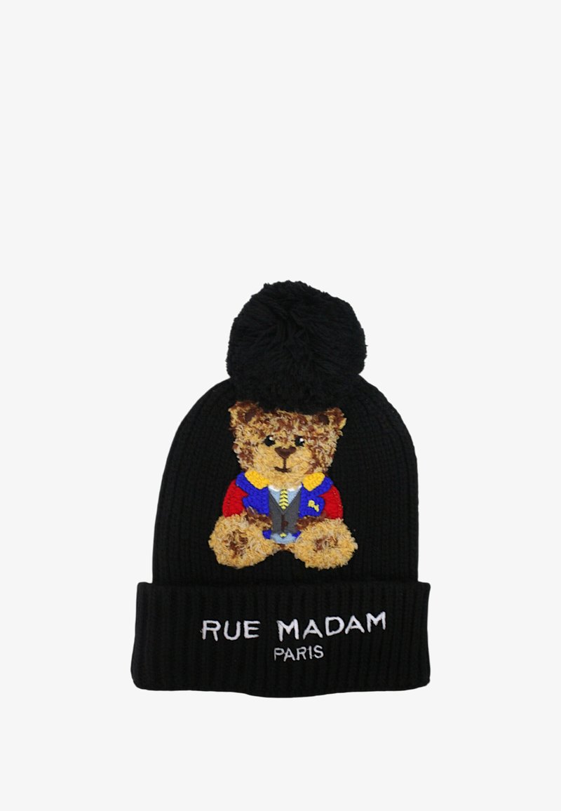 Berretto di lana nera con motivo orso vestito in modo colorato e pompon sulla parte superiore. Ricamo "RUE MADAM PARIS" sul risvolto.