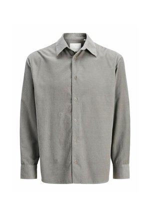 Lichtgrijs, langgekoot shirt van corduroy met knopen aan de voorkant en een puntige kraag, weergegeven op een witte achtergrond.