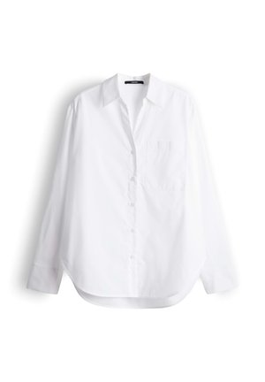Weißes langärmliges Hemd mit Knopfleiste, spitzem Kragen, einer Brusttasche und abgerundetem Saum. Hergestellt aus glattem Baumwollstoff.