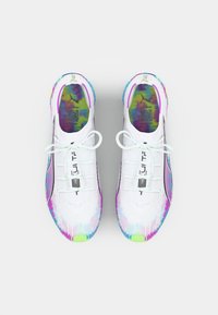 Athletic shoes with a white textile upper, multicolored tie-dye accents, flat laces, and a textured sole. Features visible logo and QR code.