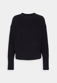 Pull noir tricoté avec un col rond, des épaules tombantes et un ourlet côtelé. Présente un motif texturé et des manches longues.