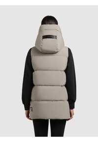 Helebeež paks vest kõrge kraega ja musta brändinguga seljaosas. Omab küljetaskuid ja sobivat disaini. Mustad varrukad on nähtavad all.