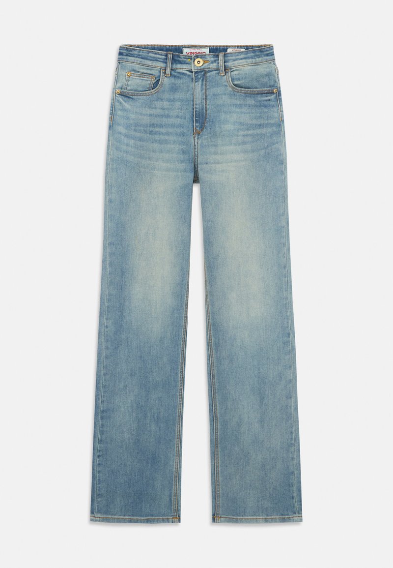 Jeans de ganga de perna larga em azul claro, com um design clássico de cinco bolsos, fecho de botão e um suave desgaste na área das coxas.