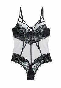 Black lace and satin bodysuit with a structured design, featuring intricate lace detailing and adjustable straps. Closure at the bottom.