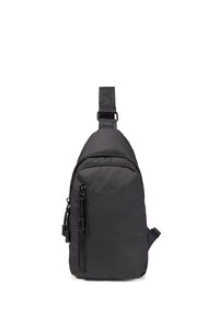Zaino a tracolla nero in nylon, dotato di tasca frontale con zip, spallaccio regolabile, texture liscia e logo in rilievo sulla parte anteriore.